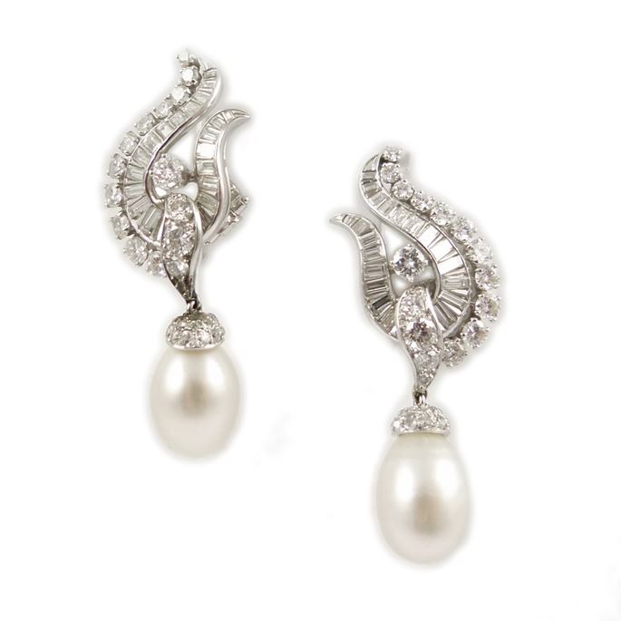 Pair of diamond cluster and natural pearl drop pendant earrings by Van Cleef &amp; Arpels, New York, each hung with a white drop pearl 8.48ct &amp; 7.66ct, | MasterArt